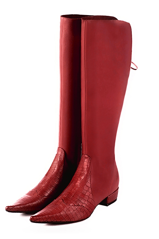 Scarlet red women's knee-high boots, with laces at the back. Pointed toe. Low block heels. Made to measure. Front view - Florence KOOIJMAN